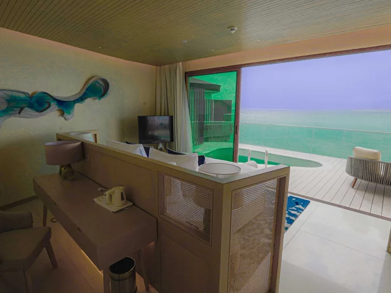 Elegant Water Bungalow Suite with sea views and private deck on Tawila Island in El Gouna